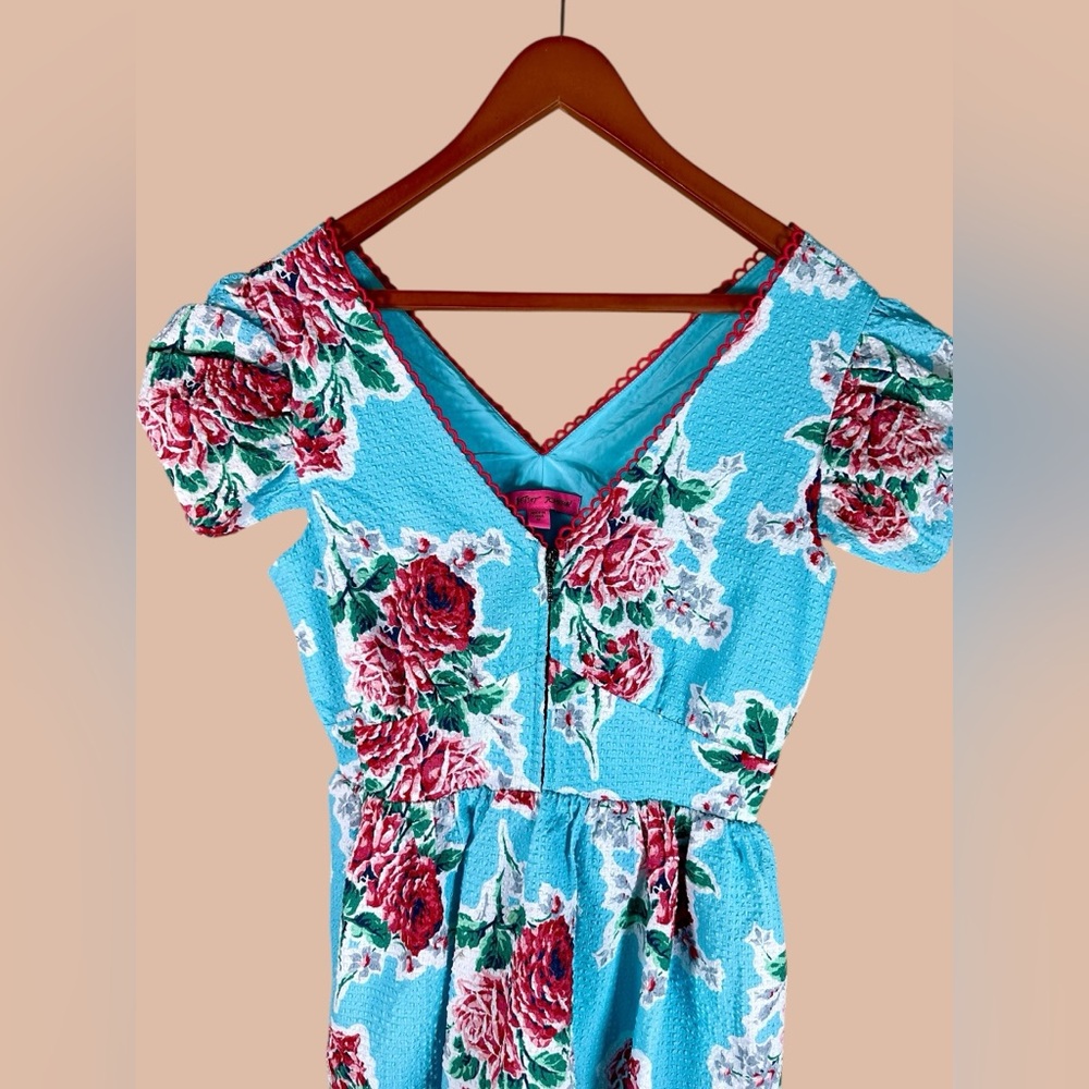 Betsey Johnson Teal Blue Floral Babydoll Tiered seersucker Tea Dress - Picture 6 of 10